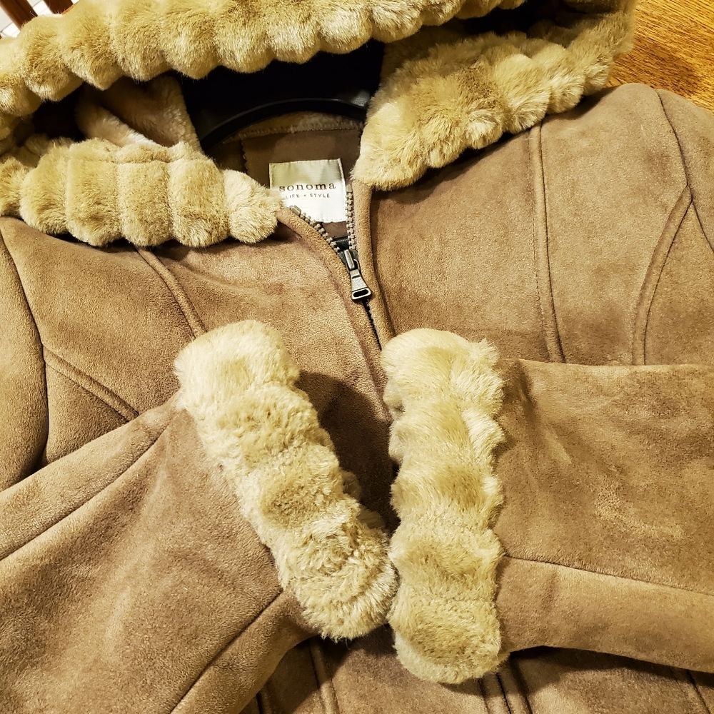 Suede/Faux Fur Brown/Beige Hooded Jacket